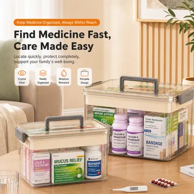 UFORU Large Capacity Medicine Organizer Box, Home Storage Bin, Double Layer Transparent PET Medical Storage Case with Handle, Sealed Moisture-Proof First Aid Kit — Suitable for Home/School/Travel