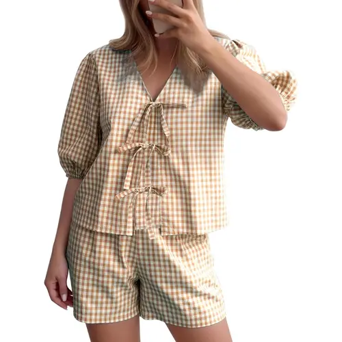 Women Gingham Short Pajama Set Y2K Tie Front Puff Sleeve Top High Waist 2 Piece Sets Summer Cute Plaid Pjs Loungewear