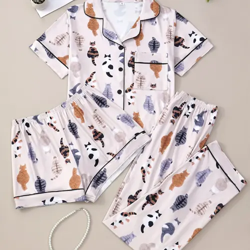 Three-Piece Cat Print Women's Pajama Set, Casual All-Season Home Wear Lounge Sleep Set Loungewear Nightwear, Button Pocket Shirt, Elastic Pants, Comfortable Daily Clothing
