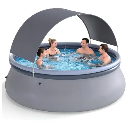 COSTWAY Inflatable Pool with Canopy, Large Round Above Ground Swimming Pool w/ 2 Air Chambers, Repair Patch, Top Ring Blow Up Pools for Backyard, Lawn, Garden,4th of july decor, dad gift