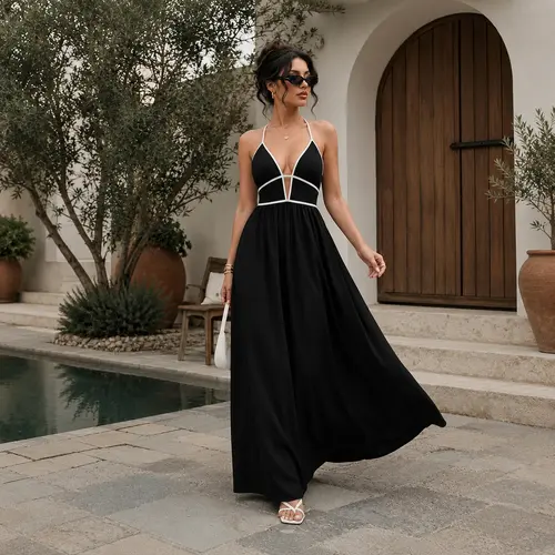 Elengatine Women Sexy Black Halter Maxi Dress, Deep V Neck Contrast Binding Long Dress, Backless High Waisted Summer Sundress with Cutout Detail, Chic Baddie Aesthetic Outfit, Elegant Vacation & Party Long Dress Style Piece, One Piece, Women's Clothes, Hi