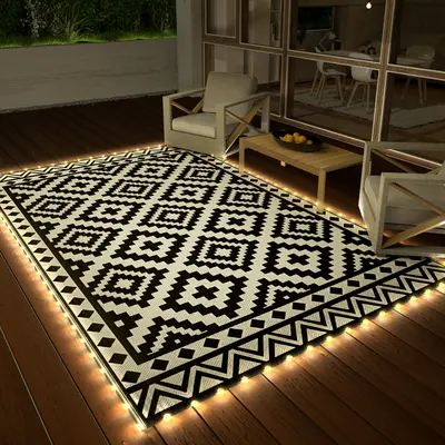 #toolupgrade HAUSHOF 5'X8' Outdoor Rug Waterproof with LED Strip Light, Reversible Outdoor Plastic Straw Rug, Patio Rug with 4 Rug Stakes, Outdoor Carpet Mat for RV, Camping, Beach, Porch, Balcony, Black&White