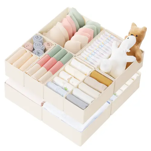 Criusia 10-Pack Plastic Foldable Square Drawer Organizer Bins Set - Collapsible Storage Bins with Divided Compartments, Multi-Size Stackable, Heavy Boards, Clothes Organiser for Nursery Organization,dorm essentials,home decor
