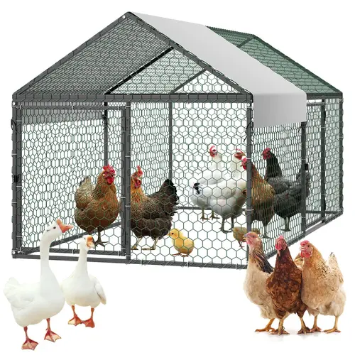 【SummerFinds】VEVOR Metal Chicken Coop for 4-6 Chickens, 3.3 x 6.6 x 3.3 ft, Small Chicken Cage with Waterproof Cover & Double Doors, Spire Roof Poultry Run Compatible with Wooden Coops, for Rabbit Hen Goose Duck