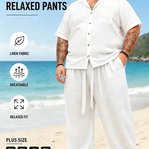 Plus Size Men's Trendy Casual Pants, Casual Comfy Trouser, Loose Fitting Breathable Casual Trousers, Casual Solid Drawstring Waist and Pocket Design, Linen Fabric, Suitable for Spring and Fall Daily Wear