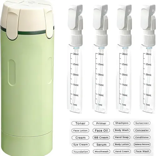 TSA Approved 4-in-1 Leak-Proof Refillable Lightweight Travel & Perfume Bottles - Cosmetic Toiletry Organizer with Label Stickers for Shampoo, Lotion, Mini Travel Products, Space-Saving Toiletries Dispenser