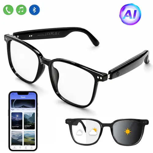 Smart translation glasses feature automatically adjusting polarized lenses, a built-in speaker, microphone, and blue light blocking, allowing users to listen to music and make phone calls.