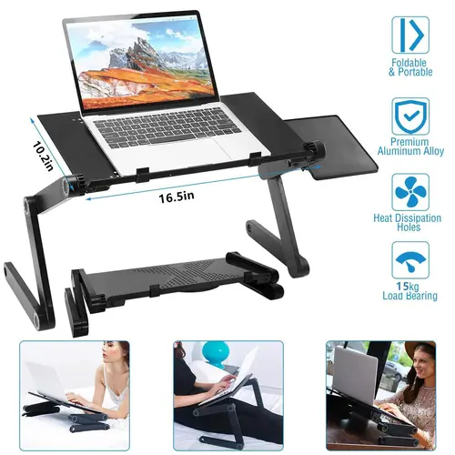 Aluminum Folding 360° Rotatable Laptop Stand - Clip-On with 2 Fans, Adjustable Height, Portable Kitchen Nightstand, Couch Laptop Desk, Office Accessory to Prolong Service Life