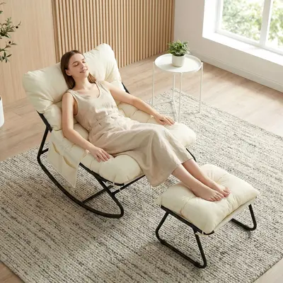 Arlopu Outdoor Papasan Rocking Chair with Ottoman, Lounge Chair with Cushion & Sturdy Metal Frame, Patio Rocker Chair for Balcony Backyard Porch Bedroom summergarden