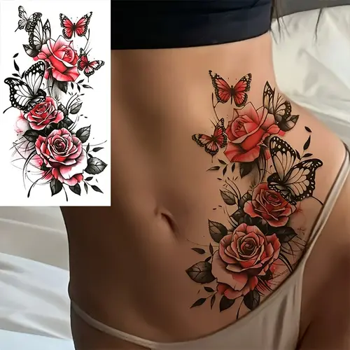 Men & Women's 2pc Waterproof Durable Realistic Fake Tattoo Stickers, Rose & Butterfly Design, Sports & Outdoor Body Temporary Tattoos, Fake Tattoos