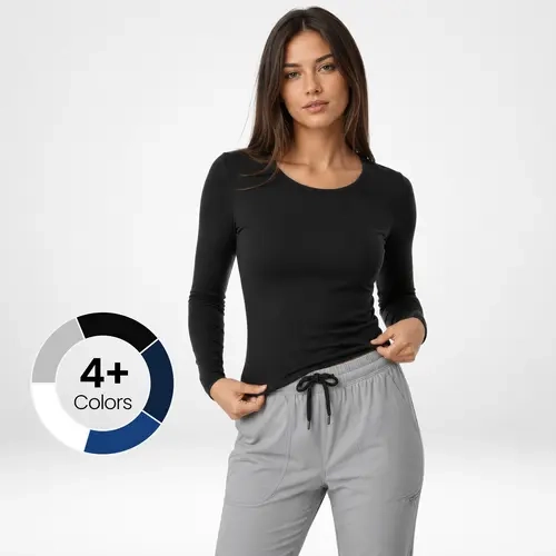 NY Threads Under Scrub Top Women - Long Sleeve Round Neck Cotton Blend Undershirt for Nurses and Healthcare Workers, Slim Fit Soft Stretch Layering Tee, Shape Retention