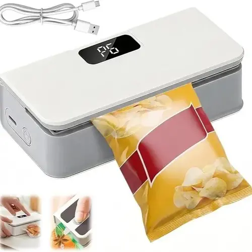 Rechargeable Mini Bag Heat Sealer-Cutter with LED Display, USB-C, 6-Level Sealing, 100–300 Seals/Charge, Fridge-Magnetic for Snack, Potato Chip, Food Storage Resealing (Household Kitchen Vacuum Sealer Accessory)