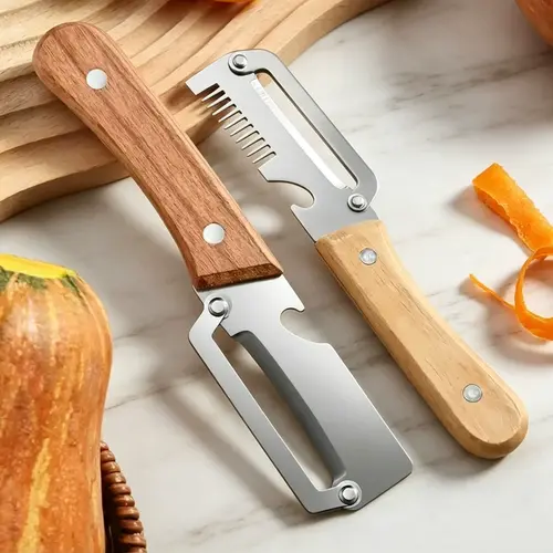 2PCS 2 in 1 Multi-Functional Kitchen Peeler – Ultra-Sharp Stainless Steel Vegetable and Fruit Peeler with Wooden Handle, Bottle Opener, and Julienne/Shred Cutter, Durable Kitchen Gadget
