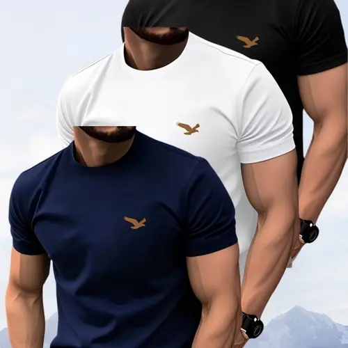3-Pack Men's Eagle Print Round Neck Short Sleeve T-Shirts, Loose Fit Sporty Versatile Basic Tops, Business Casual All Season Daily Wear Menswear