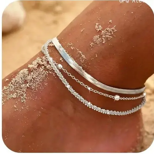 Women's Silver Anklets - Dainty Layered Waterproof Herringbone Beaded Rope Chain Set, Adjustable Chic Assorted Bedazzling Beads Double-Strand Mix-and-Match Jewelry, Summer Beach Gift, Anklets for Women