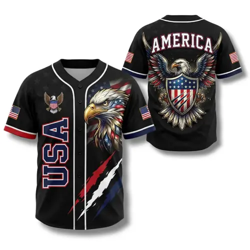 USA Eagle All Over Print Baseball Jersey, Patriotic Button Up Shirt, USA 250 Years Baseball Jersey, 1776–2026 Semiquincentennial Patriotic Jersey,summerwins,father'sdaygifts