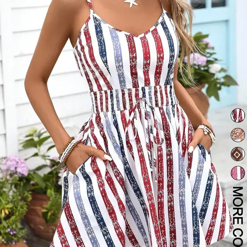 Women's Woven Striped Cami Loose Fit Rompers, V-Neck Adjustable Spaghetti Straps, Sleeveless, Smocked Waist Tie-Front Flared Short Legs, Casual Summer Wear for Vacation, Beach & Back to School