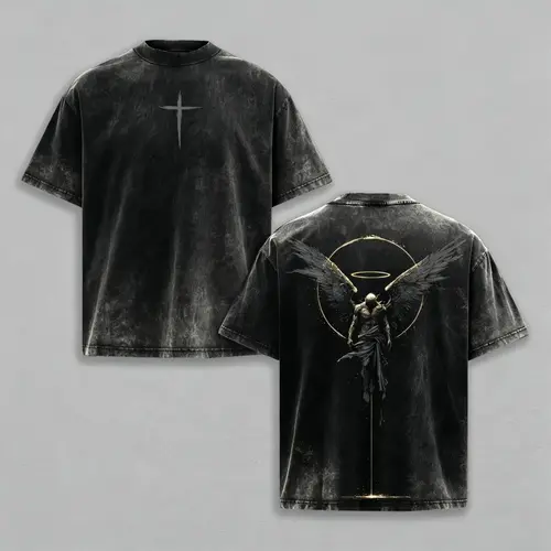 Men's Oversized Heavy Cotton Top, Gothic Faith Fallen Angel & Crusader Print, Pre-Washed Vintage Acid Wash, Rib Collar, Free Expedited Shipping, Streetwear, T Shirt,back to school,back to school shopping
