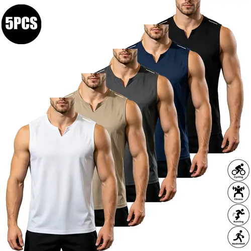Men’s 5-Pack Solid-Color Athletic Tank Tops - Lightweight Polyester Men's Stuff, Breathable Stretch Sleeveless Sporty Chic Activewear, High Elasticity Minimalist Beater Set for Workouts & Everyday Wear (XXS Available)