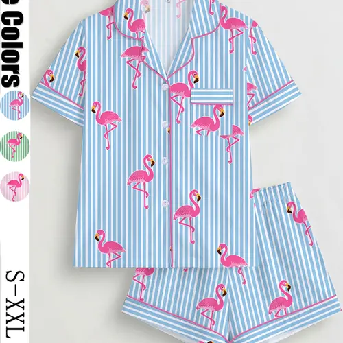 Women's Striped Flamingo Print Pajama Set Pjs, Short Sleeve Button-Up Top & Elastic Shorts, Casual Loungewear Outfit & Pajamas for Home Wear, All Seasons