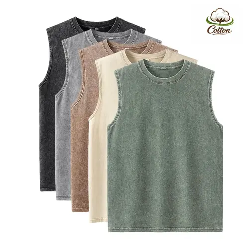 5 Pack Men's Summer Vintage Acid Wash Tank Tops 100% Heavyweight Cotton, Muscle Tee & Sleeveless Crew Neck Design, Regular Fit Breathable Fabric for Streetwear & Daily Leisure, Nontransparent High Quality Fabric, Menswear,summervibe