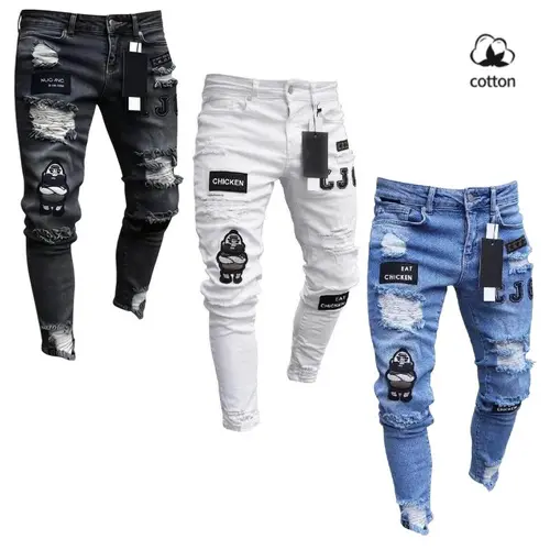 Men's High Cotton Cartoon Embroidered Distressed Skinny Jeans, Vintage Washed Ripped Denim Pants with Patches, Streetwear Hip Hop Slim Fit Stacked Jeans for Men