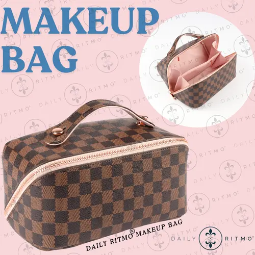 DAILY RITMO Women's Checkered PU Leather Makeup Bag - Portable Cosmetic Organizer, Pink Interior, Rose Gold Zippers, Cosmetic Organizer Pouch, Travel Makeup Bags, Vanity Organization Essential, Makeup Organizer Pouches