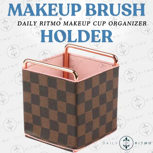 DAILY RITMO PU Leather Checkered Makeup Brush Holder - Compact Beauty Brushes Storage Organizer for Vanity Countertop, Bathroom-Friendly Makeup Organizer for Desks, Home Supplies Accessory