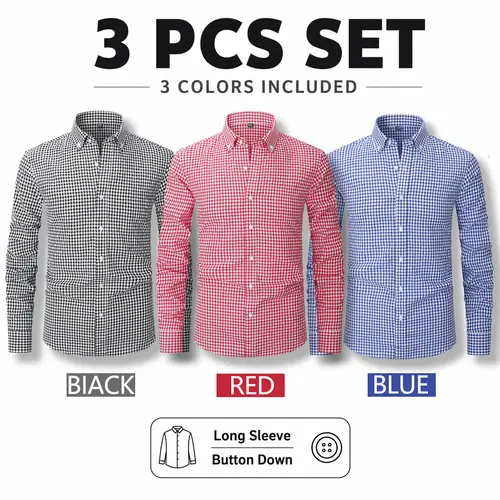 Simple walking Men's 3 Pack Gingham Button Down Shirts, Long Sleeve Casual Dress Shirts, Cotton Blend Plaid Shirts for Work, Office, Daily Wear