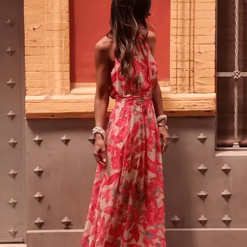 Women's Floral Halter Sleeveless Long Dress, Lightweight Tropical Bohemian Style Vibe Elegance Casual Summer Beach Resort Dress, Perfect for Travel Outdoor Wear 10387