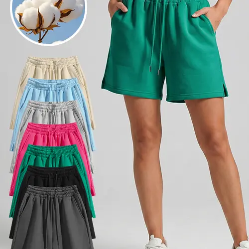 Fleece Lined Dolphin Sweat Shorts for Women - Trendy Solid Color Basic Elastic Waist Casual Shorts with Side Split Hem & 3 Inch Inseam, Relaxed Fit, Versatile for Loungewear, Running & Streetwear Bottom