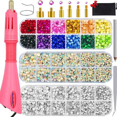 5000-Piece Hotfix Rhinestone Setter Kit - Hot Fix Applicator Wand, AB Crystal & Clear Rhinestones (3 Sizes) for Clothes, Fabric & Crafts (Nail Art Decoration Accessory)
