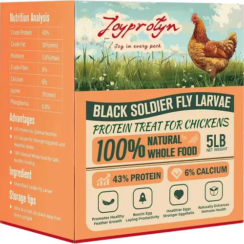 Joyprotyn 5LB Non-GMO Natural Gluten-Free Dried Black Soldier Fly Larvae Feed - 85X More Calcium Than Mealworms, Poultry Supplement for Strong Eggshells, High-Protein Food for Chickens, Geese & Ducks