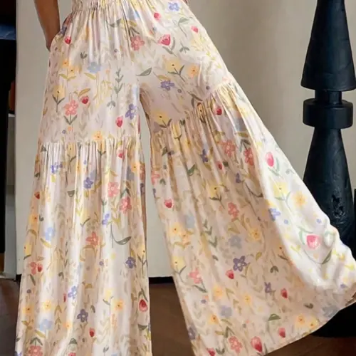 Women's Floral Wide Leg Pants, Loose Fit Elastic Flowy Long Chic Boho Trousers, Fashion Pockets, Spring & Fall Vacation Wear, Casual Style