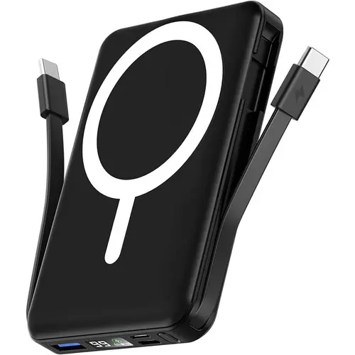 Podoru 10000mAh Magnetic Power Bank - Portable Charger for Phone, EDC Gear with Built-in Type-C, Lightning & USB-A Cables, Magnetic Wireless Charging, Smart Digital Display, Silicone Compatibility, Compact Backup, Manufacturer Warranty, Mobile