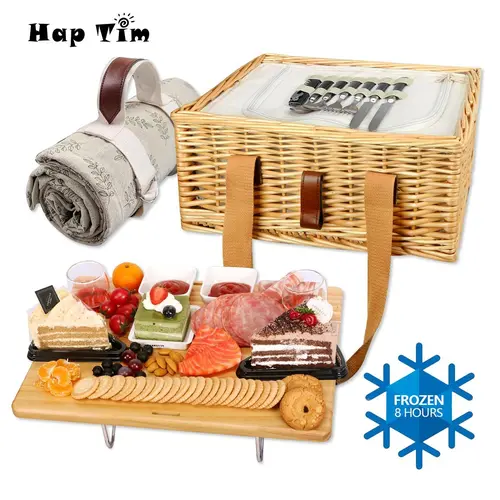 Hap Tim Wicker Picnic Basket for 2/4 Person with Picnic Blanket, Foldable Wine Picnic Table & Large Insulated Cooler Bag & Cutlery Service Kits Insulated Woven Beach Cooler Bag Perfect for Outdoor Picnics and Gifts #Summervibes