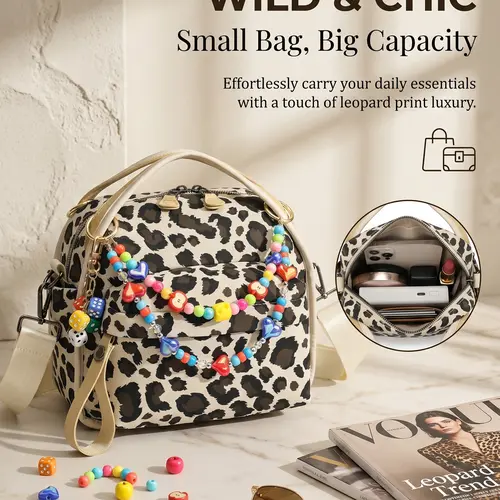 WDX Bold Retro Leopard Print Fashionable Patterned Bag - Women's Small Casual Little Curve Tote (11×5.1×11 in) with Zip Keeps Items In, Crossbody/Shoulder Handbag for Daily Use