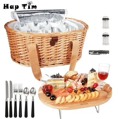 Hap Tim Wicker Picnic Basket for 2/4 Persons with Foldable Wine Table and Cutlery Service Kits, Insulated Woven Beach Cooler Bag, Couples Gifts, Wedding Gifts, Mr & Mrs Gifts, Bridal Shower Gifts, Registry Wedding Registry#Summervibes