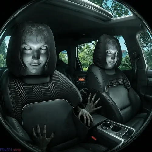 2-Pack Creepy Horror Ghost Face Car Headrest Covers - Slip-On Stretch Comfortable Material Auto Accessories for Spooky Pranks, Halloween Decor, Oddities Gifts, Car Decorations, Cars