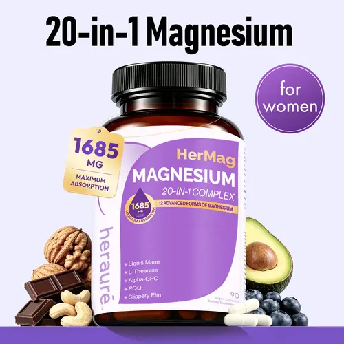 HerAure 20-in-1 Magnesium Complex 1685mg - BrainFog Relief, Reduce Overthinking & Calm Mind, StressRelief & Sleep Comfort, Digestion, Muscle & EnergySupport, 12 Forms of Magnesium, B6, Zinc & SlipperyElm, beach essentials, Deals For You Days，B