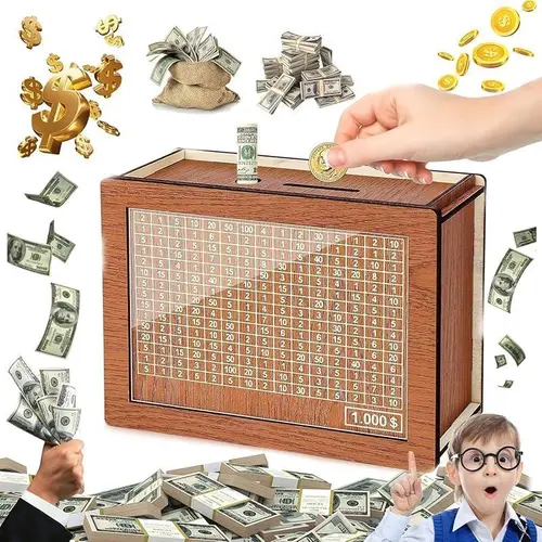 Wooden Money Saving Box for Cash, $10K Savings Challenge Piggy Bank, Gift for Kids Teens Adults, Decorative Cash Vault for Home Office Decor Cash Coin Jar Coin Bank