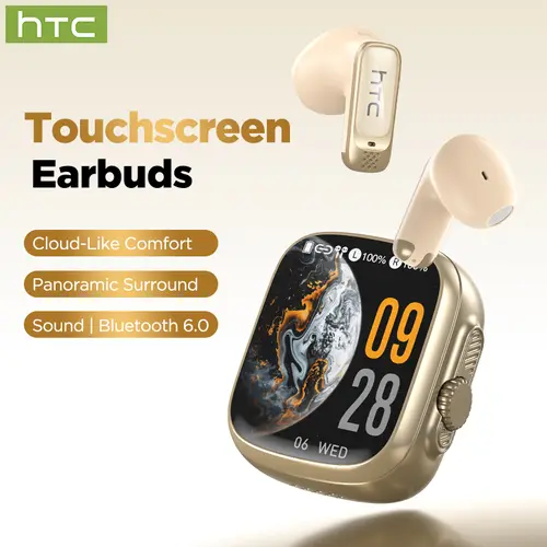 HTC NE72 Bluetooth 6.0 Dual-Ear Smart Earphones & Headphones, Touchscreen Flip Cover, LED Display, High Fidelity, Waterproof, Gesture Ctrl, Built-In Microphone, 40H Battery Life, Mobile Audio Headphones for Office, Sports, In Ear, Bud