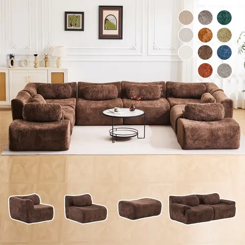 Luxe Wave-Shaped Modular Sectional Sofa, Premium Short-Pile Fabric Convertible Sofa Bed with Ottoman, Boneless Sleeper Couch, Multifunctional Modern Sofa for Living Rooms/Offices/Apartments/Party Venues