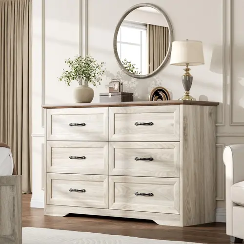 Farmhouse Wooden Dresser for Bedroom with 5/6 Double Drawers, Wood Chest of Drawer, Tall Wooden Dresser with Metal Handles and Stable Base, Modern Horizontal Cabinet for Bedroom, Living Room