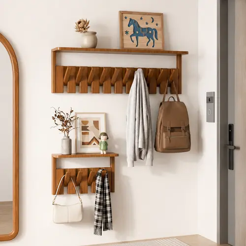Piano-key Wooden Walnut Wall Rack with Shelf, Wall-mounted Entryway Hanging Shelf, Coat Rack Hooks Hangers for Closet, Kitchen, Bedroom, Bathroom, Entryway, Mudroom for Coat, Clothes, Hats, Robes, Bags and Towels Organizer Rustic Brown