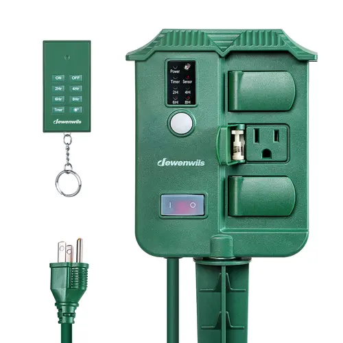 DEWENWILS Waterproof Outdoor Power Stake Timer - 6 Grounded Outlets, Wireless Remote, Photocell Dusk-to-Dawn Function, for Christmas Lights, Garden Use, Energy Saving