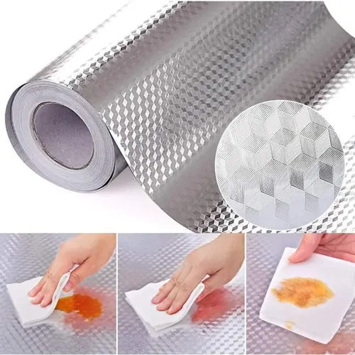 [JULIANG]Kitchen Wallpaper Oil Proof Sticker Aluminum Foil Backsplash Self-Adhesive Contact Paper Cabinet Liner Waterproof Heat Resistant Peel Stick Wallpaper 15.7X118 Inches Cube Texture Silver Non-Woven