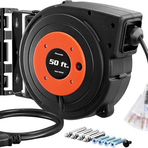 DEWENWILS Retractable Extension Cord Reel, 50 FT Heavy-Duty 14AWG/3C SJTOW Flexible Wire Cable, Automatic Plastic Wall/Ceiling Mountable Wire Management, 3 Lighted Outlets, 13A Circuit Breaker, 1625W for Garage Workshop