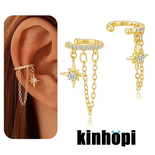 KINHOPI Gold Ear Cuff Non-Piercing Clip On Earrings for Women 14K Gold Plated Star Drop Chain Cartilage Earring Dainty Stacks Jewellery Gifts for Her Gold Earings