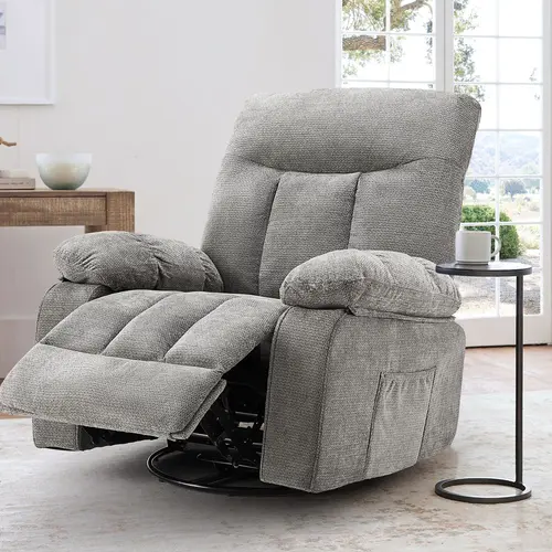 Classic Sturdy Iron Swivel Rocker Recliner Chair - 270° Rotating Chenille Fabric, Vibration Massage, Lumbar Heating, Footrest, Timer, for Living Room & Bedroom